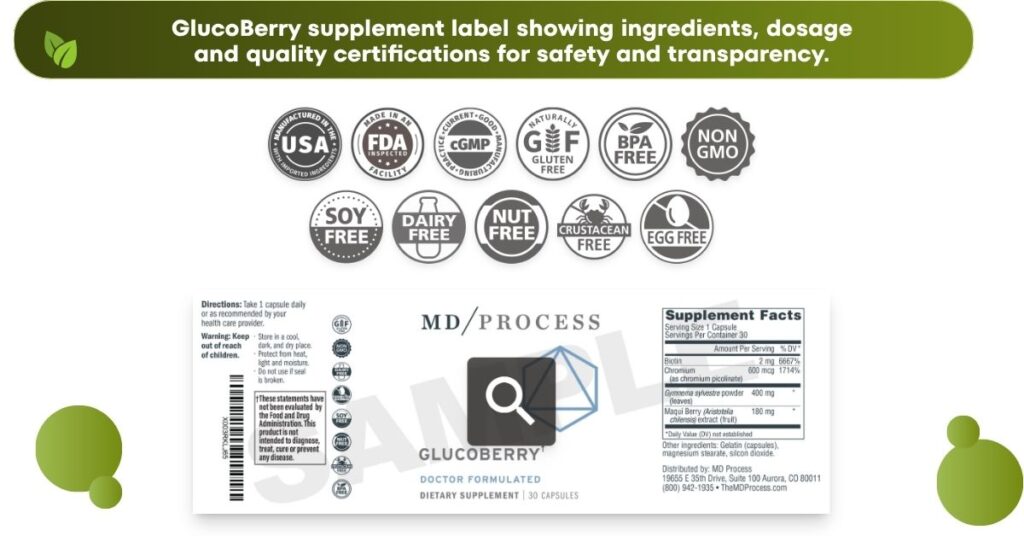 GlucoBerry supplement facts label ingredients dosage and quality certifications