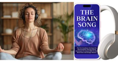 Brain Song Review 2026: A focused adult wearing headphones, listening to a 17-minute binaural beats audio track designed to naturally support focus and memory without stimulants.